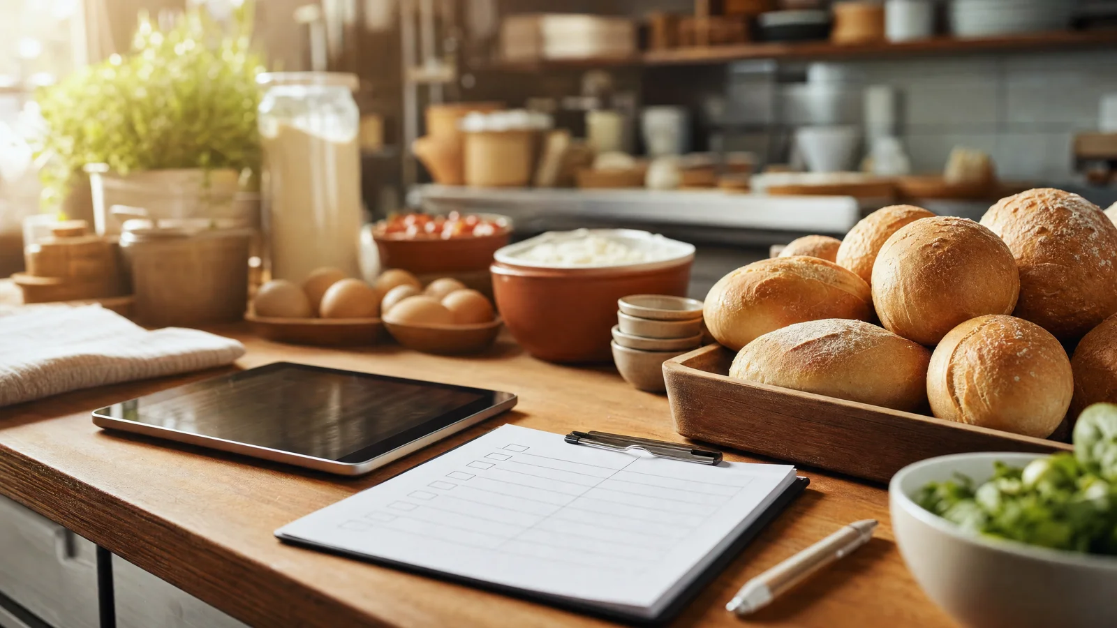 Früh-morgendliche Küchen-Vorbereitung mit Tablet und Bestellliste neben frischer Ware
