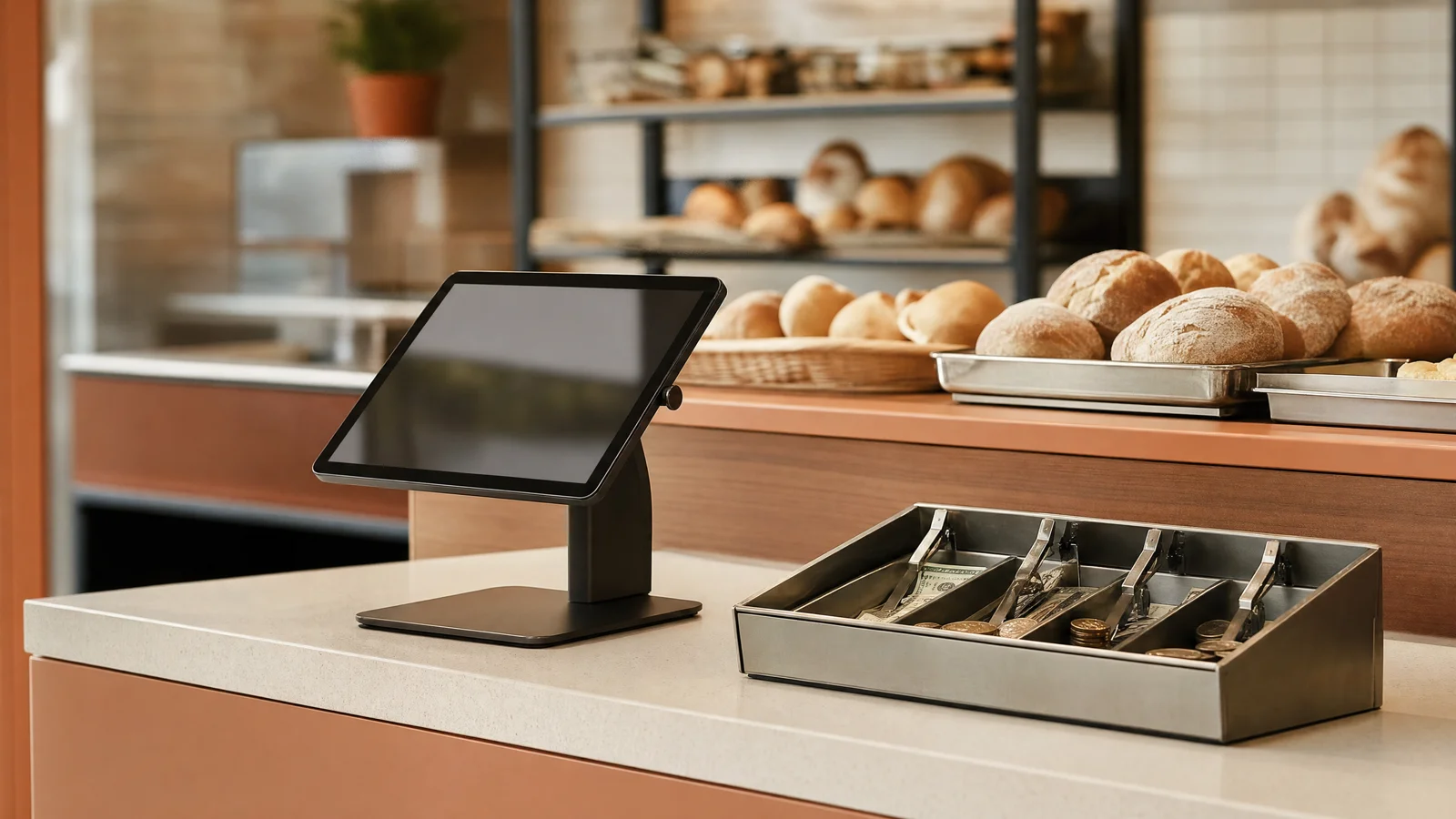 Modernes Schulbuffet mit Tablet-Bestellterminal neben klassischer Theke