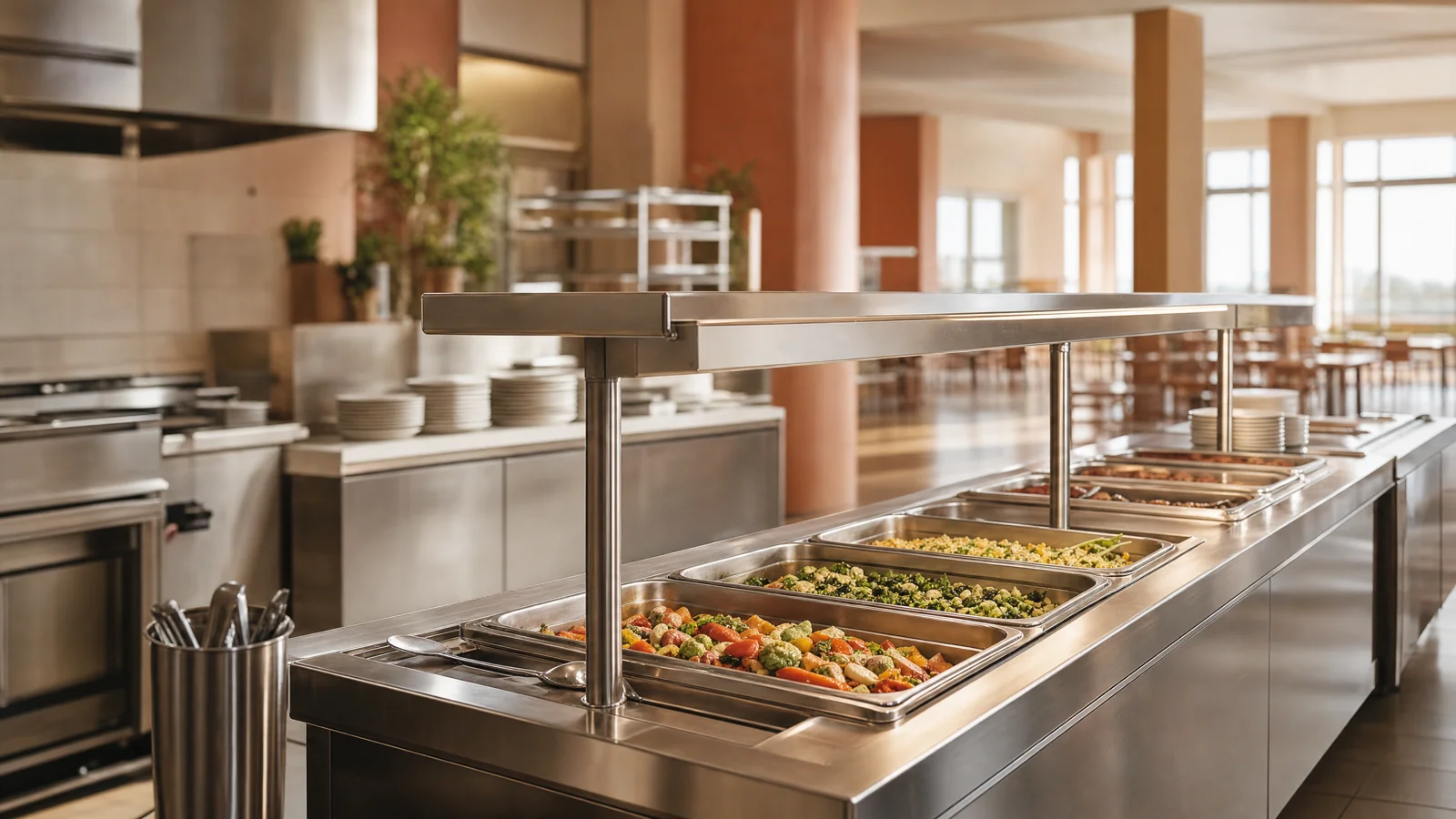 Professionelle Edelstahl-Großküche mit Ausgabelinie und Gastronorm-Behältern