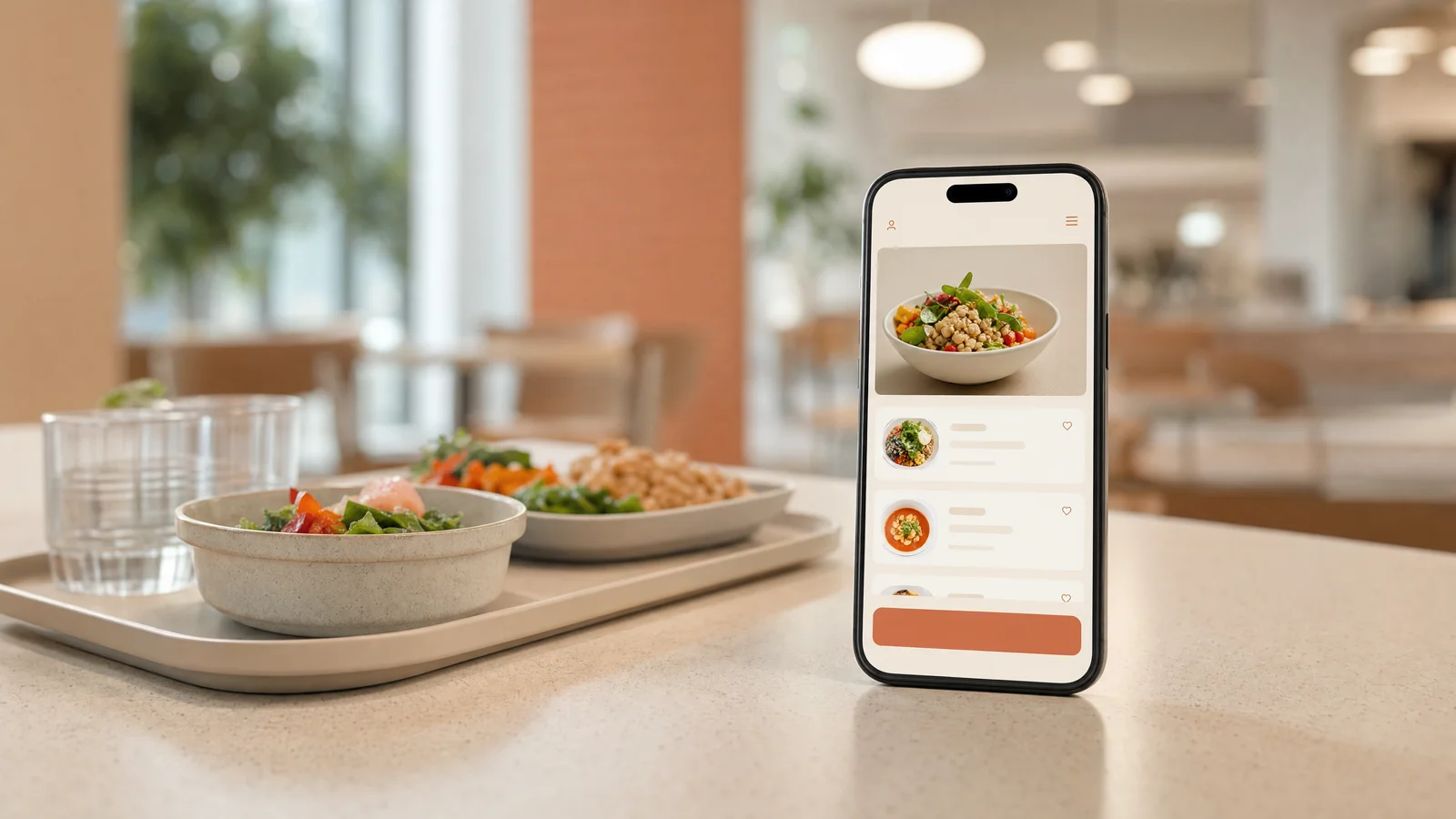Smartphone mit Kantinen-Bestell-App auf einem Tisch im Betriebsrestaurant