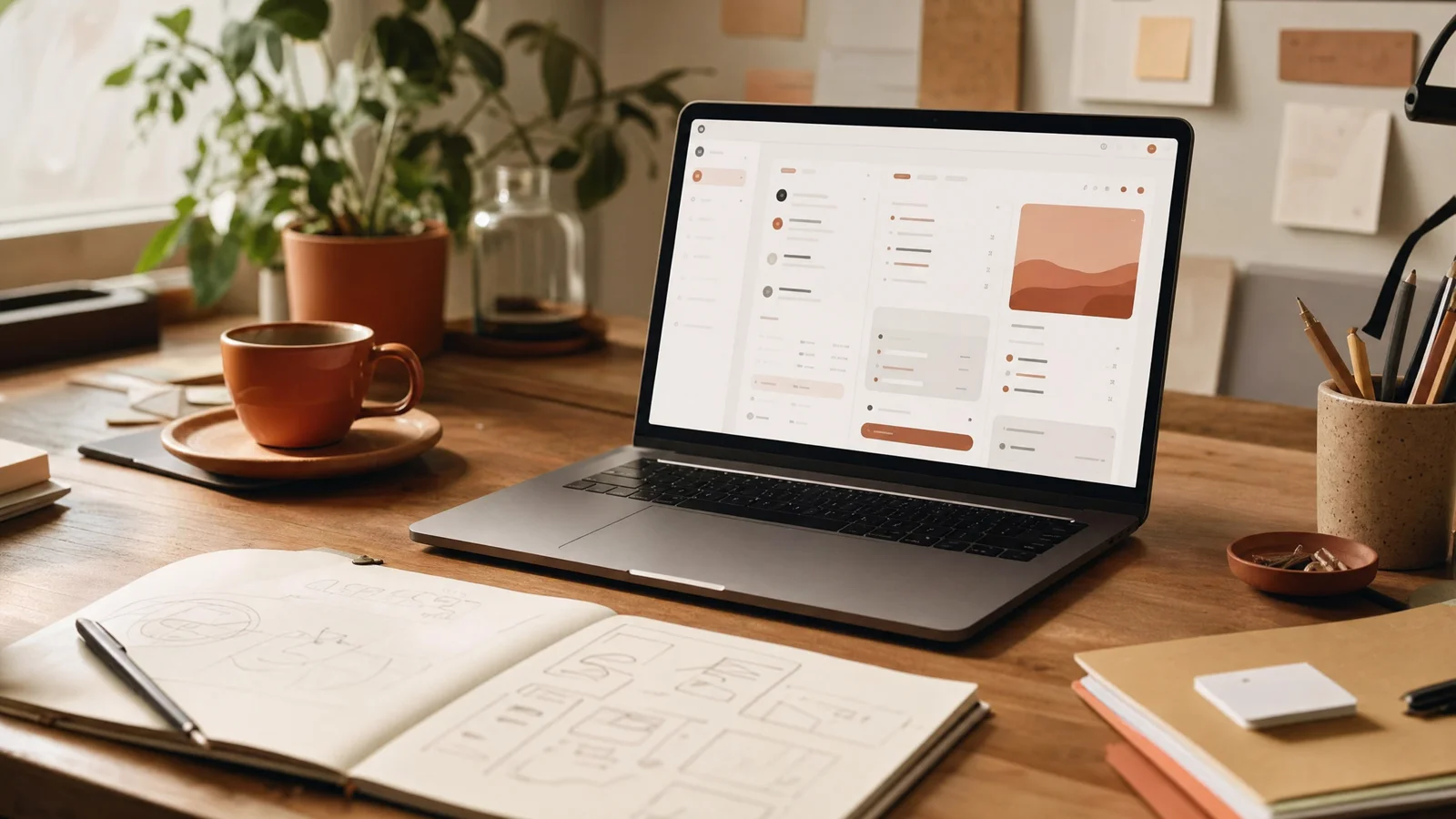 Warmer Startup-Arbeitsplatz mit Laptop, Notizbuch und App-Oberfläche
