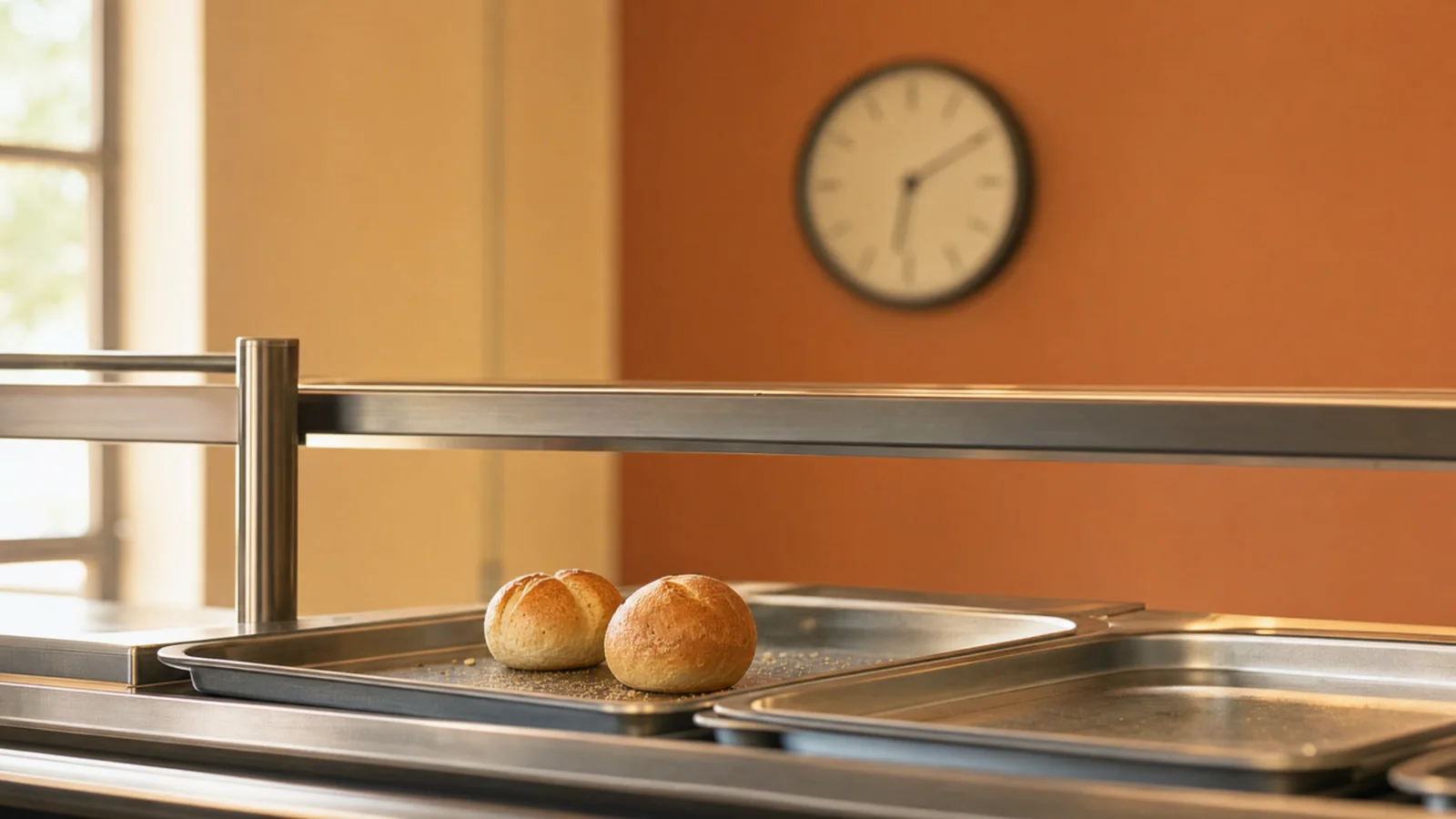 Schulbuffet-Theke kurz nach der Pause mit wenigen übrigen Semmeln, Wanduhr im Hintergrund