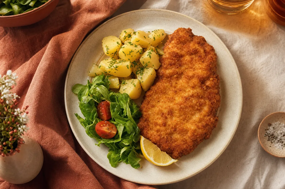 Wiener Schnitzel mit Petersilienkartoffeln und Salat auf einem Teller